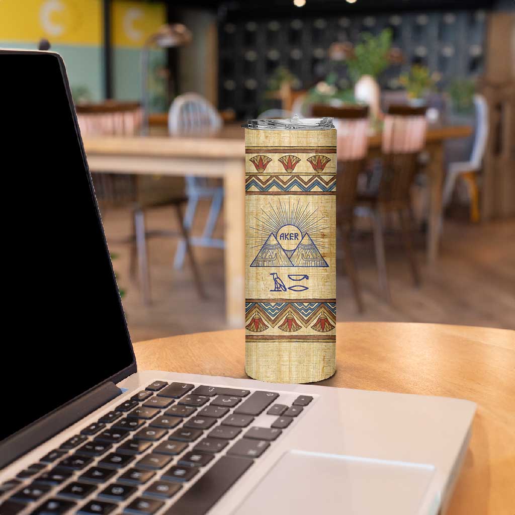 Aker Ancient Egyptian Skinny Tumbler with Hieroglyphic Pattern, Pyramid Symbol, and Twin Lion Guardians Motif - African Pride