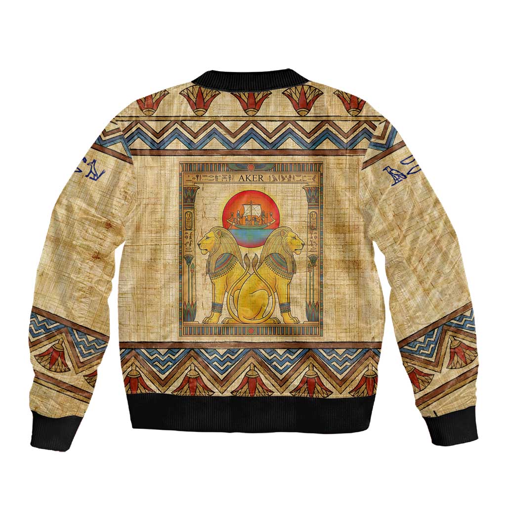 Aker Ancient Egyptian Sleeve Zip Bomber Jacket with Hieroglyphic Pattern, Pyramid Symbol, and Twin Lion Guardians Motif - African Pride