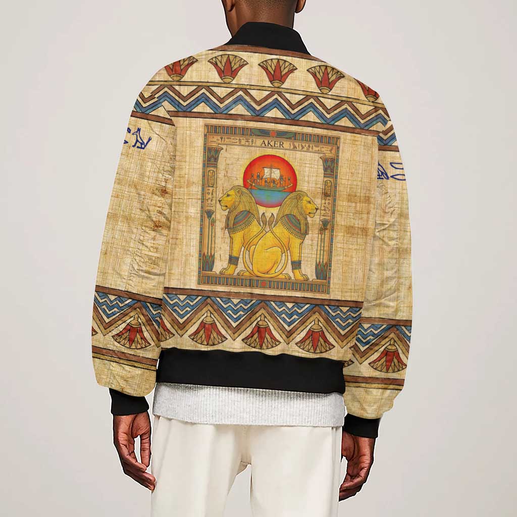 Aker Ancient Egyptian Sleeve Zip Bomber Jacket with Hieroglyphic Pattern, Pyramid Symbol, and Twin Lion Guardians Motif - African Pride