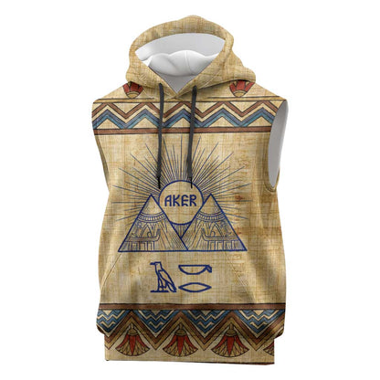 Aker Ancient Egyptian Sleeveless Hoodie with Hieroglyphic Pattern, Pyramid Symbol, and Twin Lion Guardians Motif - African Pride