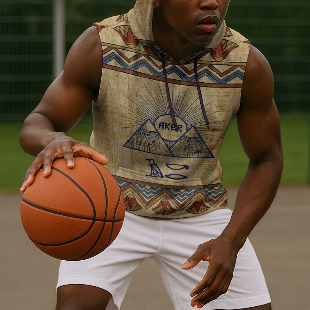 Aker Ancient Egyptian Sleeveless Hoodie with Hieroglyphic Pattern, Pyramid Symbol, and Twin Lion Guardians Motif - African Pride