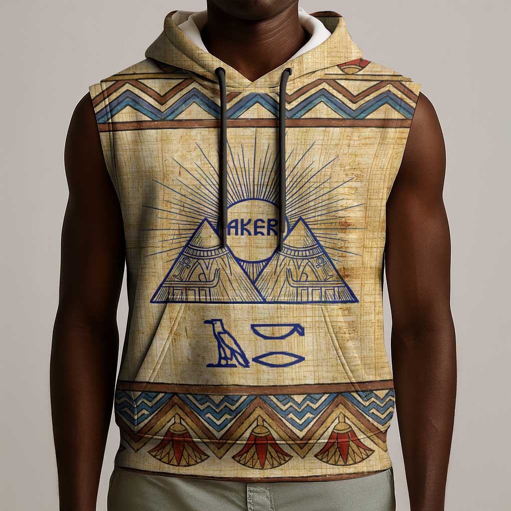 Aker Ancient Egyptian Sleeveless Hoodie with Hieroglyphic Pattern, Pyramid Symbol, and Twin Lion Guardians Motif - African Pride