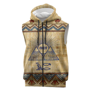 Aker Ancient Egyptian Sleeveless Zip Hoodie with Hieroglyphic Pattern, Pyramid Symbol, and Twin Lion Guardians Motif - African Pride
