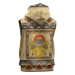 Aker Ancient Egyptian Sleeveless Zip Hoodie with Hieroglyphic Pattern, Pyramid Symbol, and Twin Lion Guardians Motif - African Pride