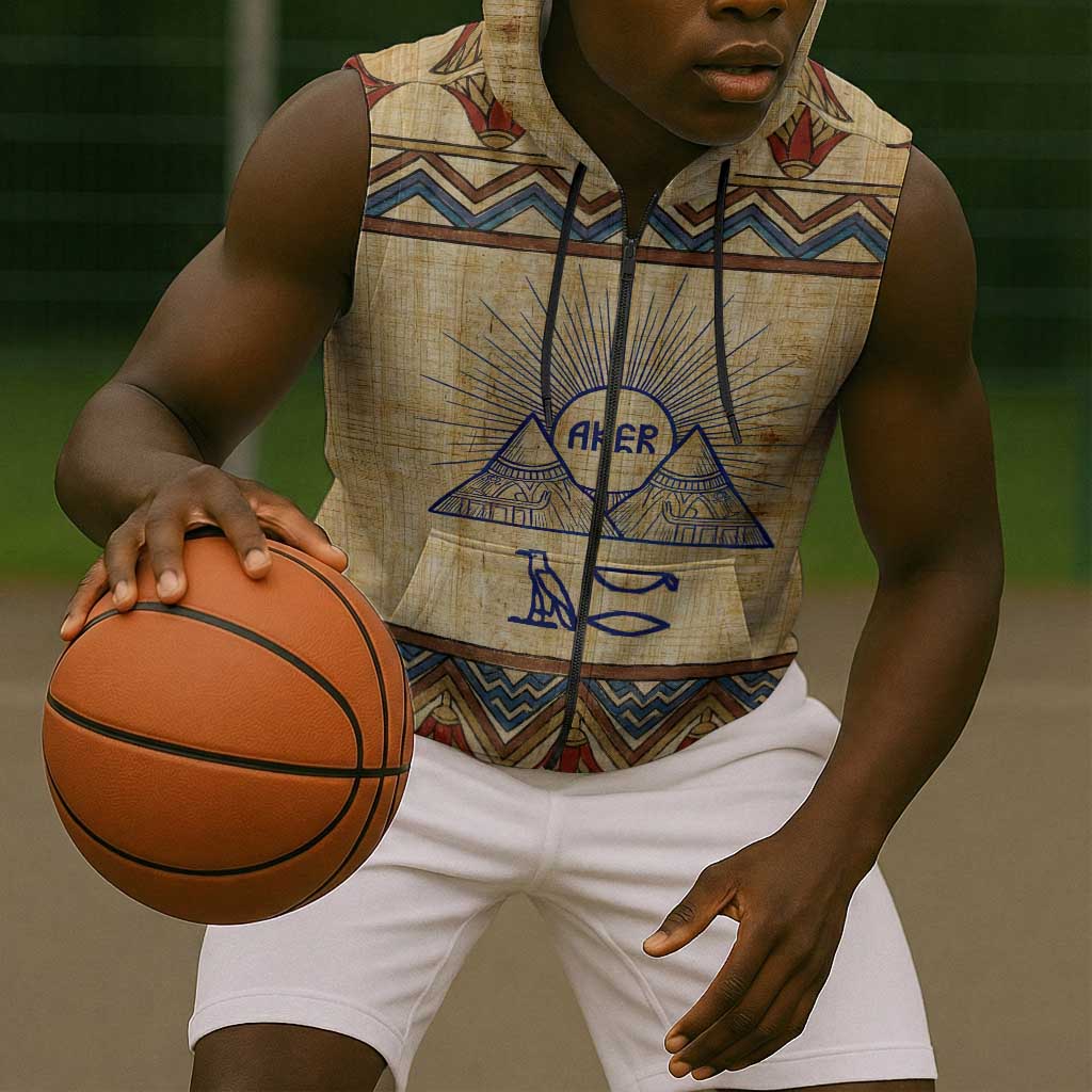 Aker Ancient Egyptian Sleeveless Zip Hoodie with Hieroglyphic Pattern, Pyramid Symbol, and Twin Lion Guardians Motif - African Pride