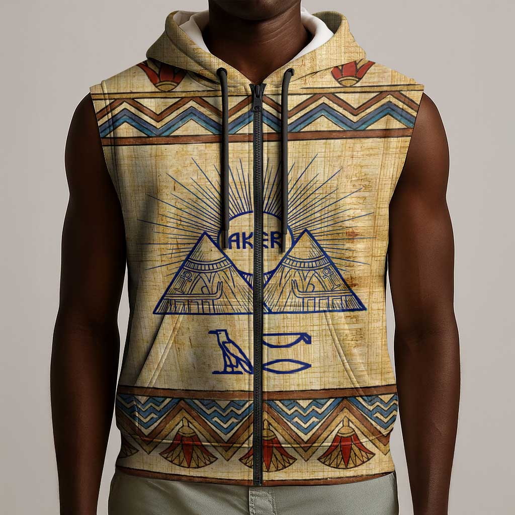 Aker Ancient Egyptian Sleeveless Zip Hoodie with Hieroglyphic Pattern, Pyramid Symbol, and Twin Lion Guardians Motif - African Pride