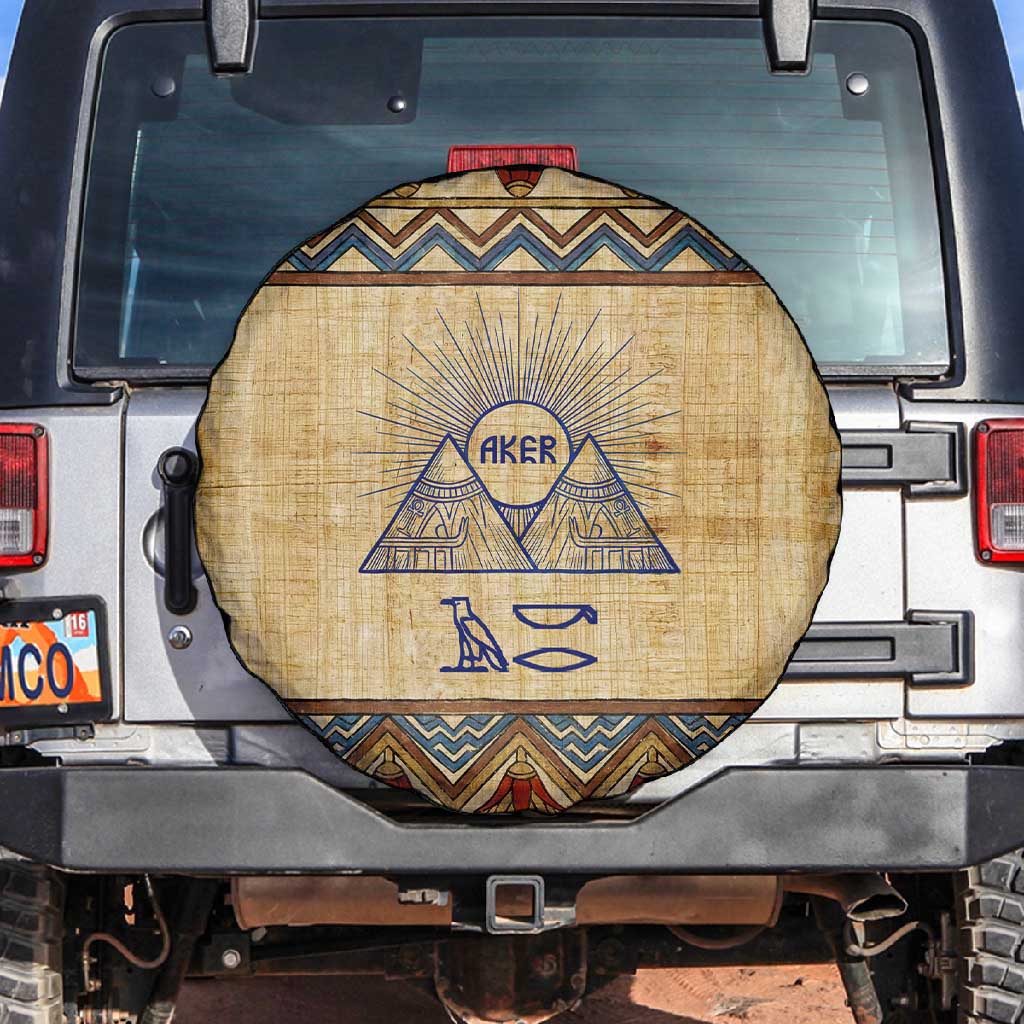 Aker Ancient Egyptian Spare Tire Cover with Hieroglyphic Pattern, Pyramid Symbol, and Twin Lion Guardians Motif - African Pride