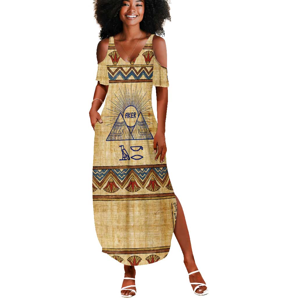 Aker Ancient Egyptian Summer Maxi Dress with Hieroglyphic Pattern, Pyramid Symbol, and Twin Lion Guardians Motif - African Pride