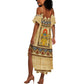Aker Ancient Egyptian Summer Maxi Dress with Hieroglyphic Pattern, Pyramid Symbol, and Twin Lion Guardians Motif - African Pride