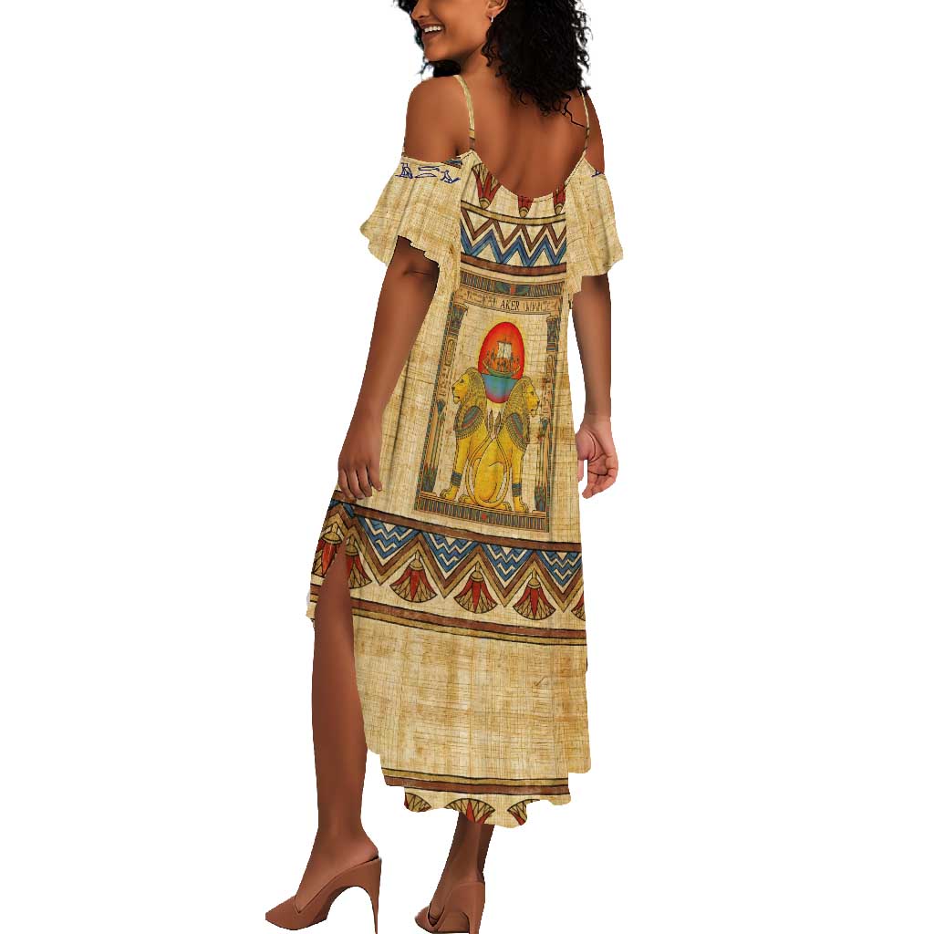 Aker Ancient Egyptian Summer Maxi Dress with Hieroglyphic Pattern, Pyramid Symbol, and Twin Lion Guardians Motif - African Pride
