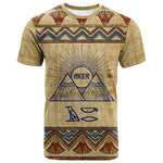 Aker Ancient Egyptian T shirt with Hieroglyphic Pattern, Pyramid Symbol, and Twin Lion Guardians Motif - African Pride