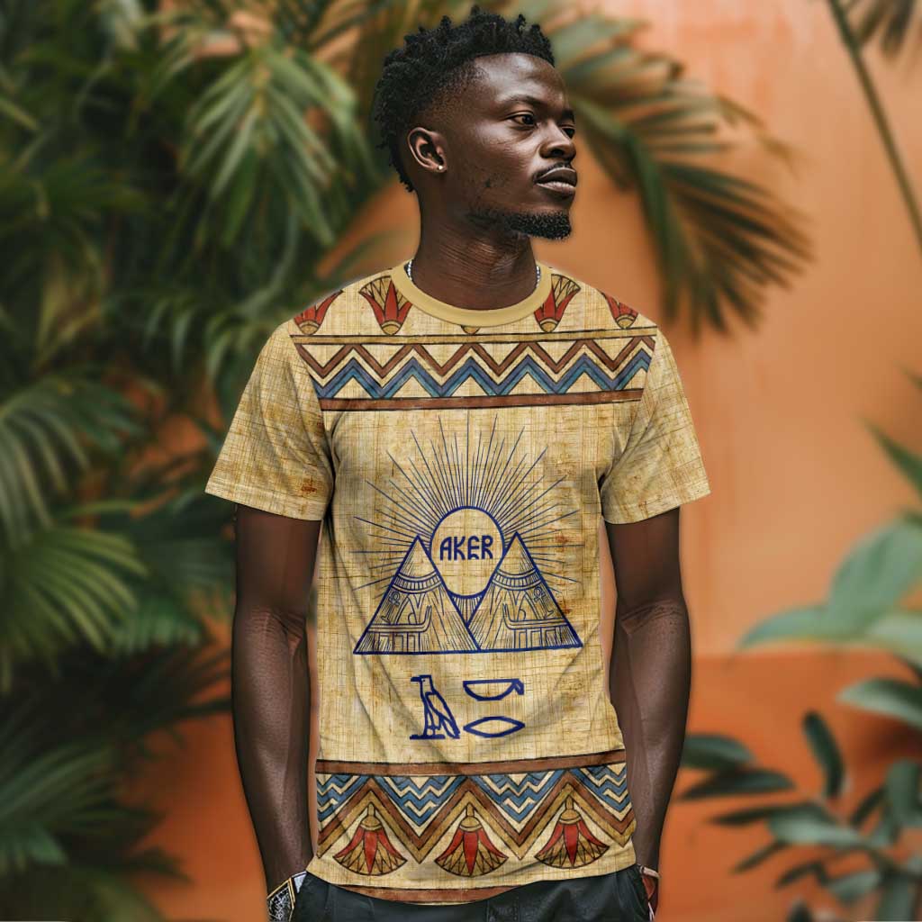 Aker Ancient Egyptian T shirt with Hieroglyphic Pattern, Pyramid Symbol, and Twin Lion Guardians Motif - African Pride