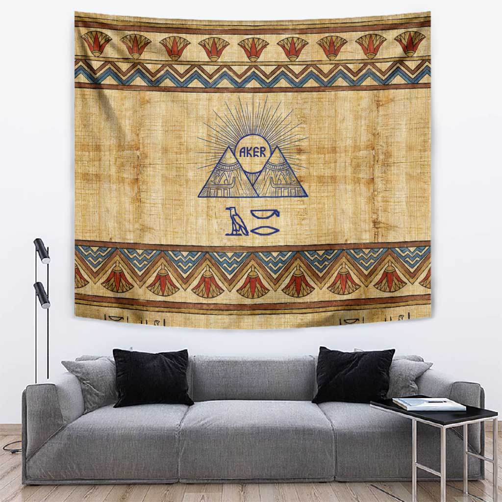 Aker Ancient Egyptian Tapestry with Hieroglyphic Pattern, Pyramid Symbol, and Twin Lion Guardians Motif - African Pride