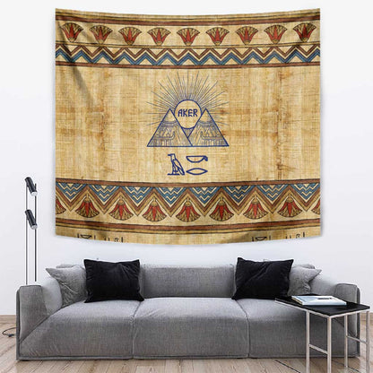 Aker Ancient Egyptian Tapestry with Hieroglyphic Pattern, Pyramid Symbol, and Twin Lion Guardians Motif - African Pride