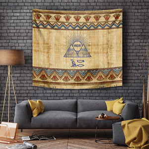 Aker Ancient Egyptian Tapestry with Hieroglyphic Pattern, Pyramid Symbol, and Twin Lion Guardians Motif - African Pride