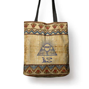 Aker Ancient Egyptian Tote Bag with Hieroglyphic Pattern, Pyramid Symbol, and Twin Lion Guardians Motif - African Pride