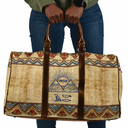 Aker Ancient Egyptian Travel Bag with Hieroglyphic Pattern, Pyramid Symbol, and Twin Lion Guardians Motif - African Pride