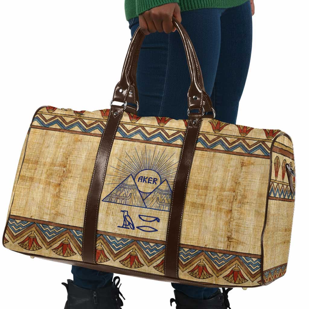 Aker Ancient Egyptian Travel Bag with Hieroglyphic Pattern, Pyramid Symbol, and Twin Lion Guardians Motif - African Pride