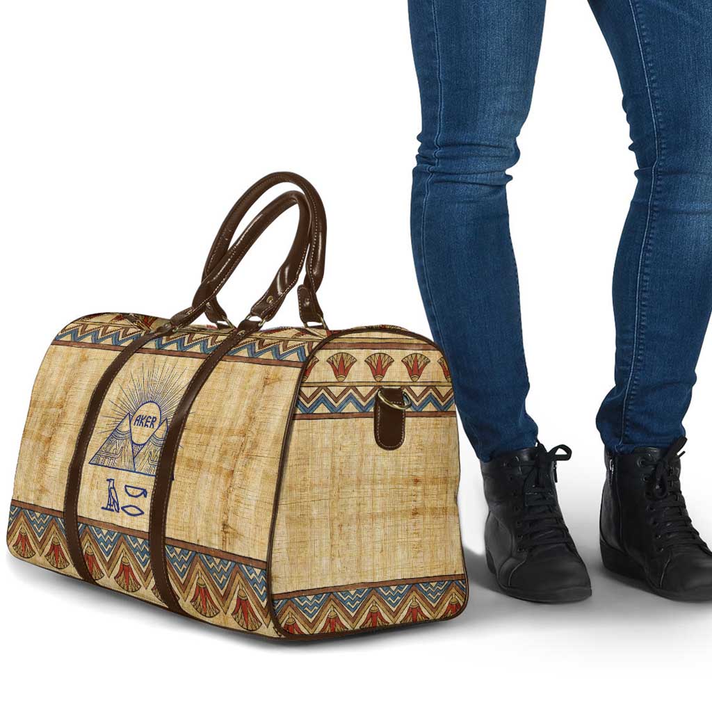 Aker Ancient Egyptian Travel Bag with Hieroglyphic Pattern, Pyramid Symbol, and Twin Lion Guardians Motif - African Pride