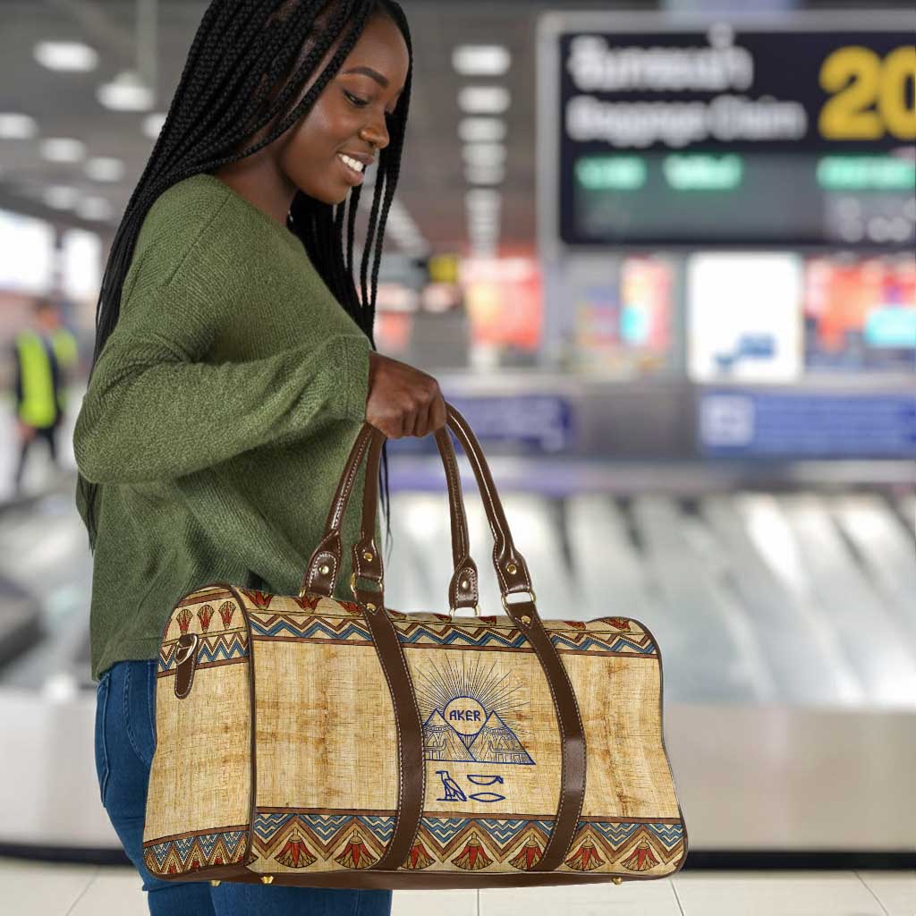 Aker Ancient Egyptian Travel Bag with Hieroglyphic Pattern, Pyramid Symbol, and Twin Lion Guardians Motif - African Pride