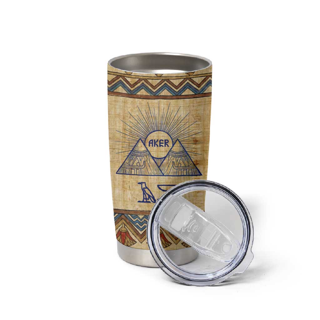 Aker Ancient Egyptian Tumbler Cup with Hieroglyphic Pattern, Pyramid Symbol, and Twin Lion Guardians Motif - African Pride