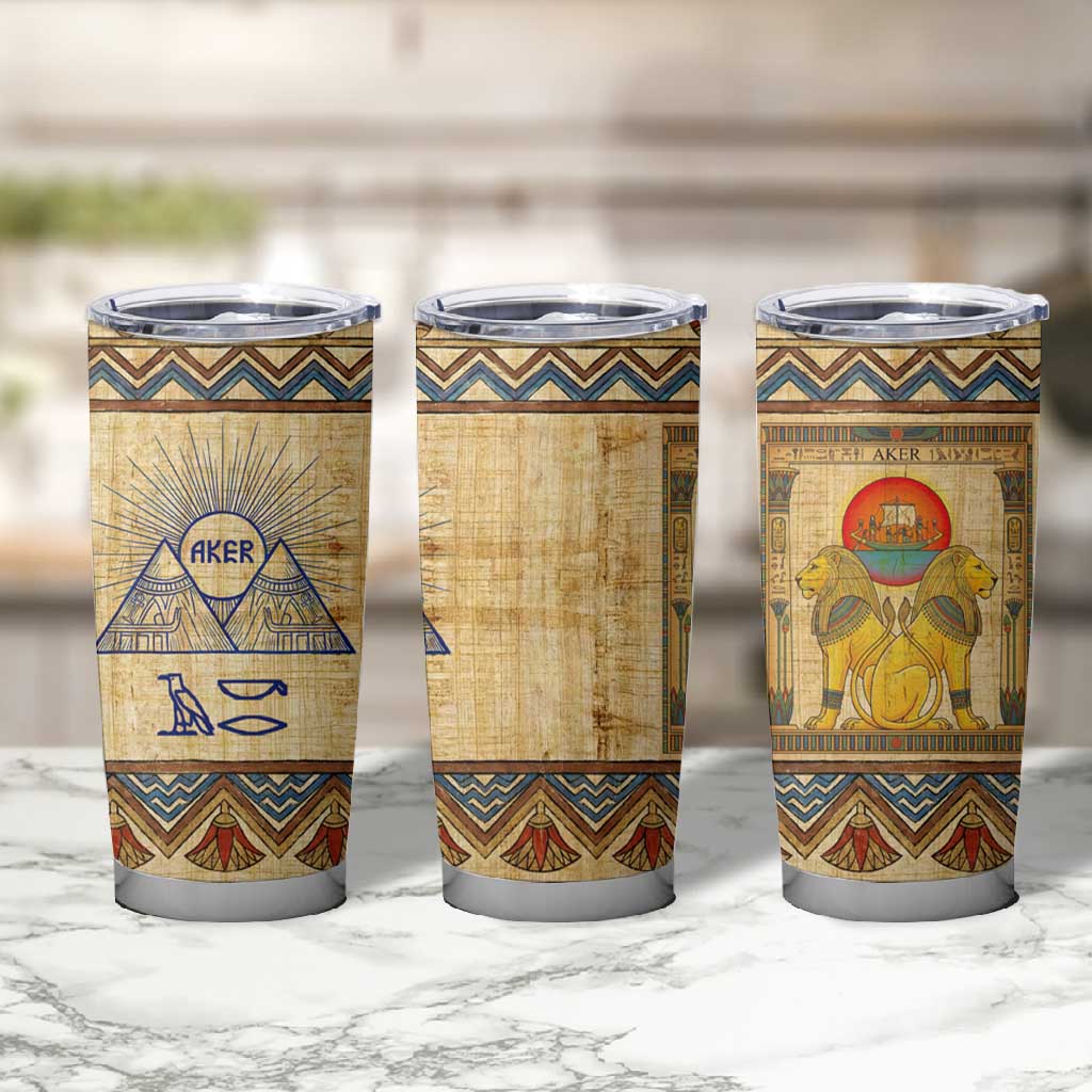 Aker Ancient Egyptian Tumbler Cup with Hieroglyphic Pattern, Pyramid Symbol, and Twin Lion Guardians Motif - African Pride