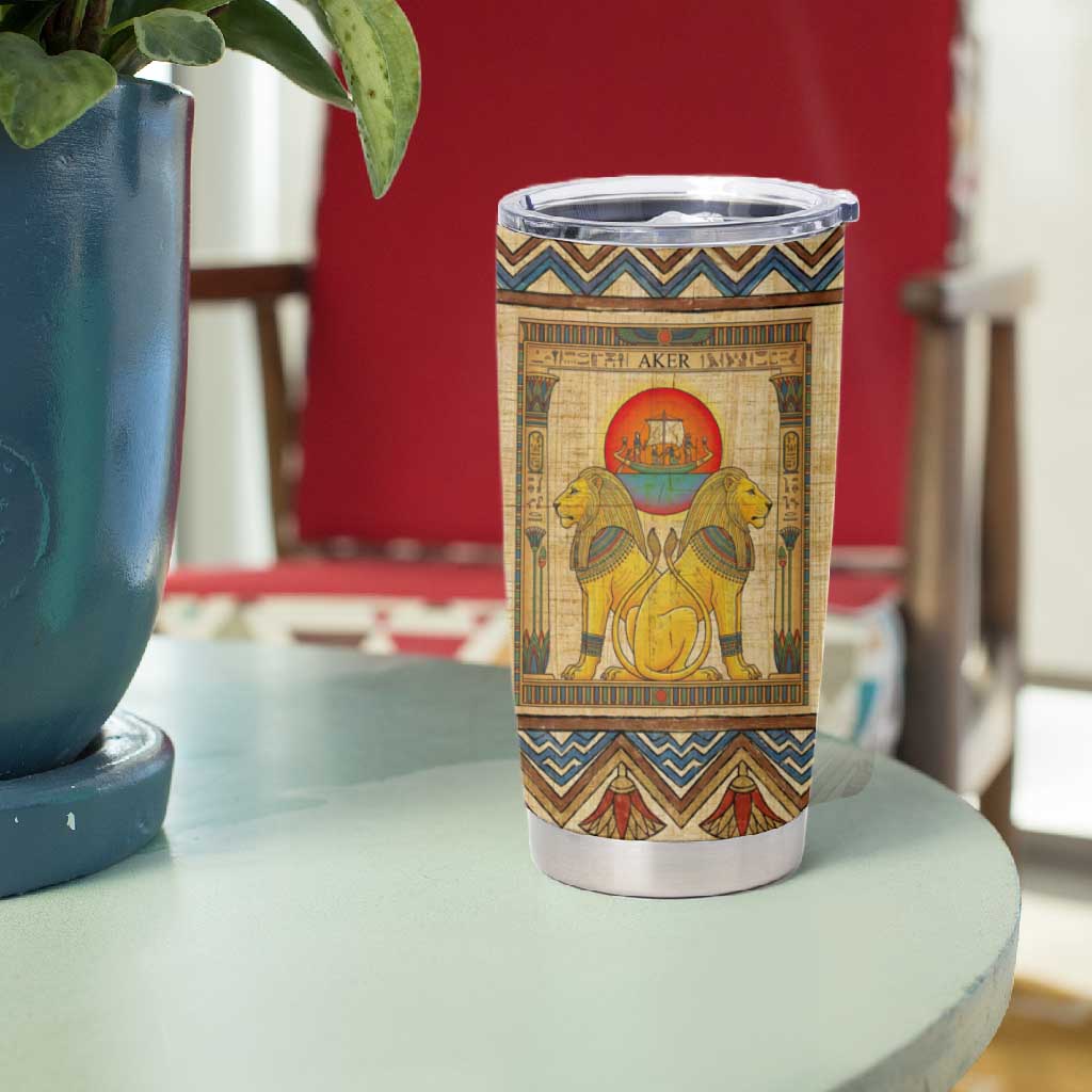 Aker Ancient Egyptian Tumbler Cup with Hieroglyphic Pattern, Pyramid Symbol, and Twin Lion Guardians Motif - African Pride