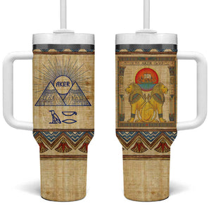 Aker Ancient Egyptian Tumbler With Handle with Hieroglyphic Pattern, Pyramid Symbol, and Twin Lion Guardians Motif - African Pride