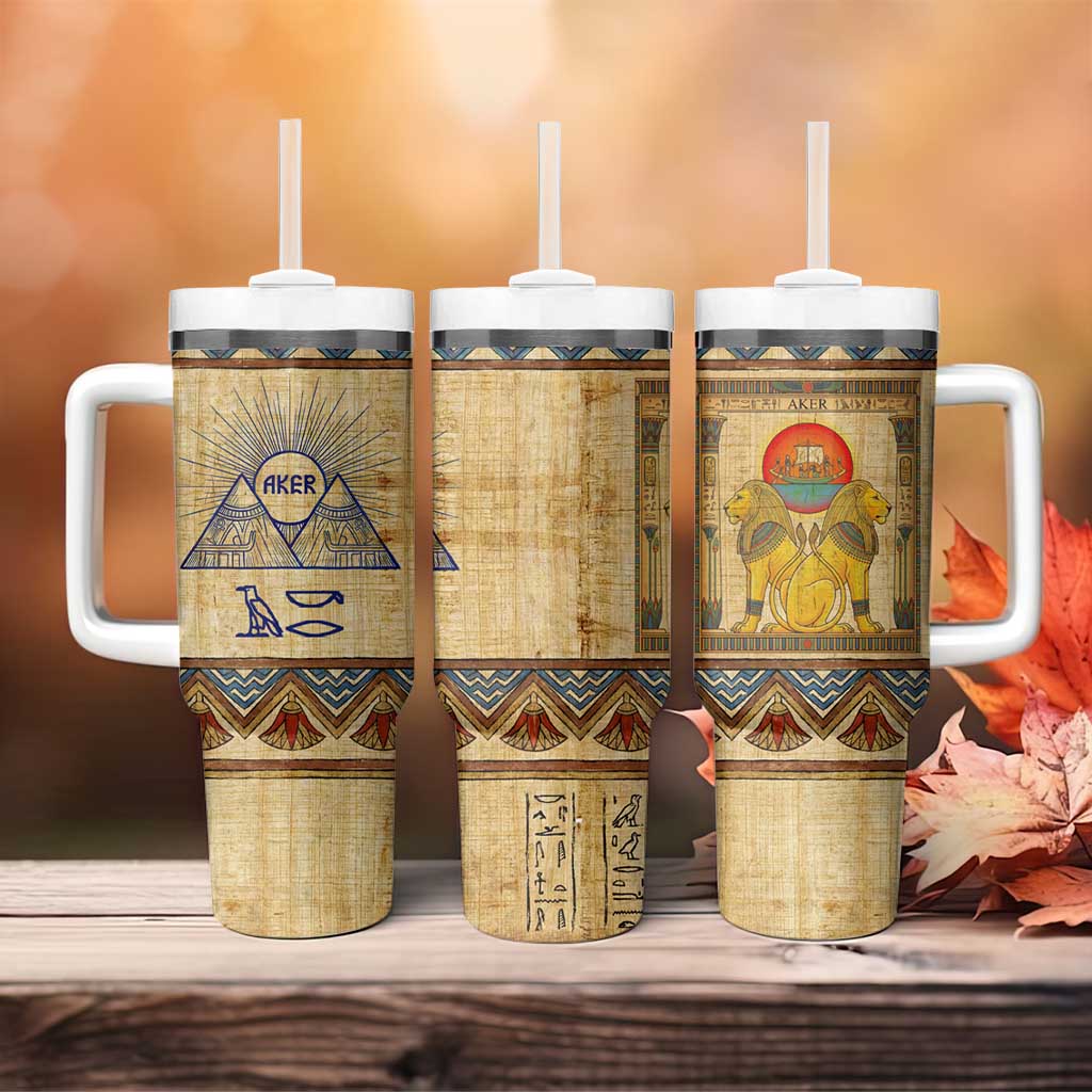 Aker Ancient Egyptian Tumbler With Handle with Hieroglyphic Pattern, Pyramid Symbol, and Twin Lion Guardians Motif - African Pride