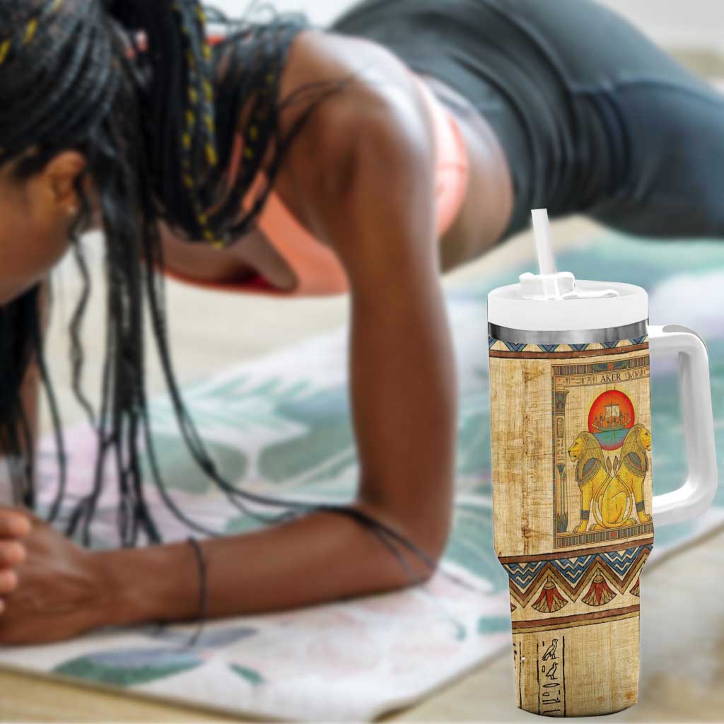 Aker Ancient Egyptian Tumbler With Handle with Hieroglyphic Pattern, Pyramid Symbol, and Twin Lion Guardians Motif - African Pride