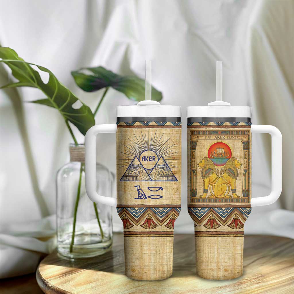Aker Ancient Egyptian Tumbler With Handle with Hieroglyphic Pattern, Pyramid Symbol, and Twin Lion Guardians Motif - African Pride