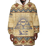 Aker Ancient Egyptian Wearable Blanket Hoodie with Hieroglyphic Pattern, Pyramid Symbol, and Twin Lion Guardians Motif - African Pride