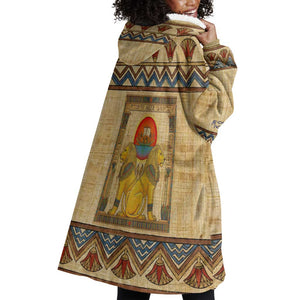 Aker Ancient Egyptian Wearable Blanket Hoodie with Hieroglyphic Pattern, Pyramid Symbol, and Twin Lion Guardians Motif - African Pride