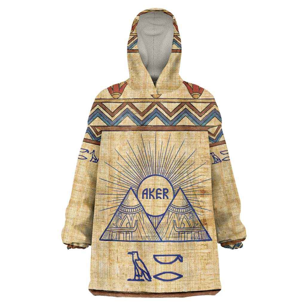 Aker Ancient Egyptian Wearable Blanket Hoodie with Hieroglyphic Pattern, Pyramid Symbol, and Twin Lion Guardians Motif - African Pride