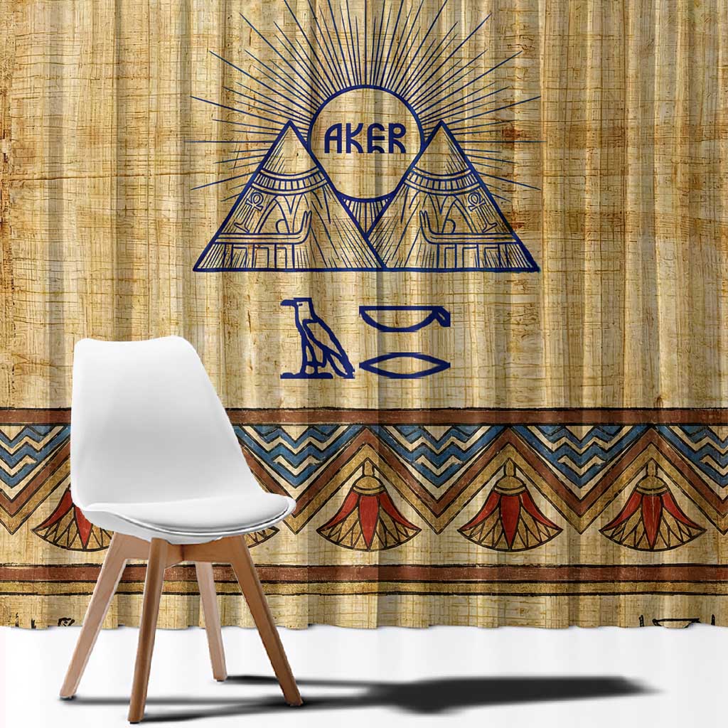 Aker Ancient Egyptian Window Curtain with Hieroglyphic Pattern, Pyramid Symbol, and Twin Lion Guardians Motif - African Pride