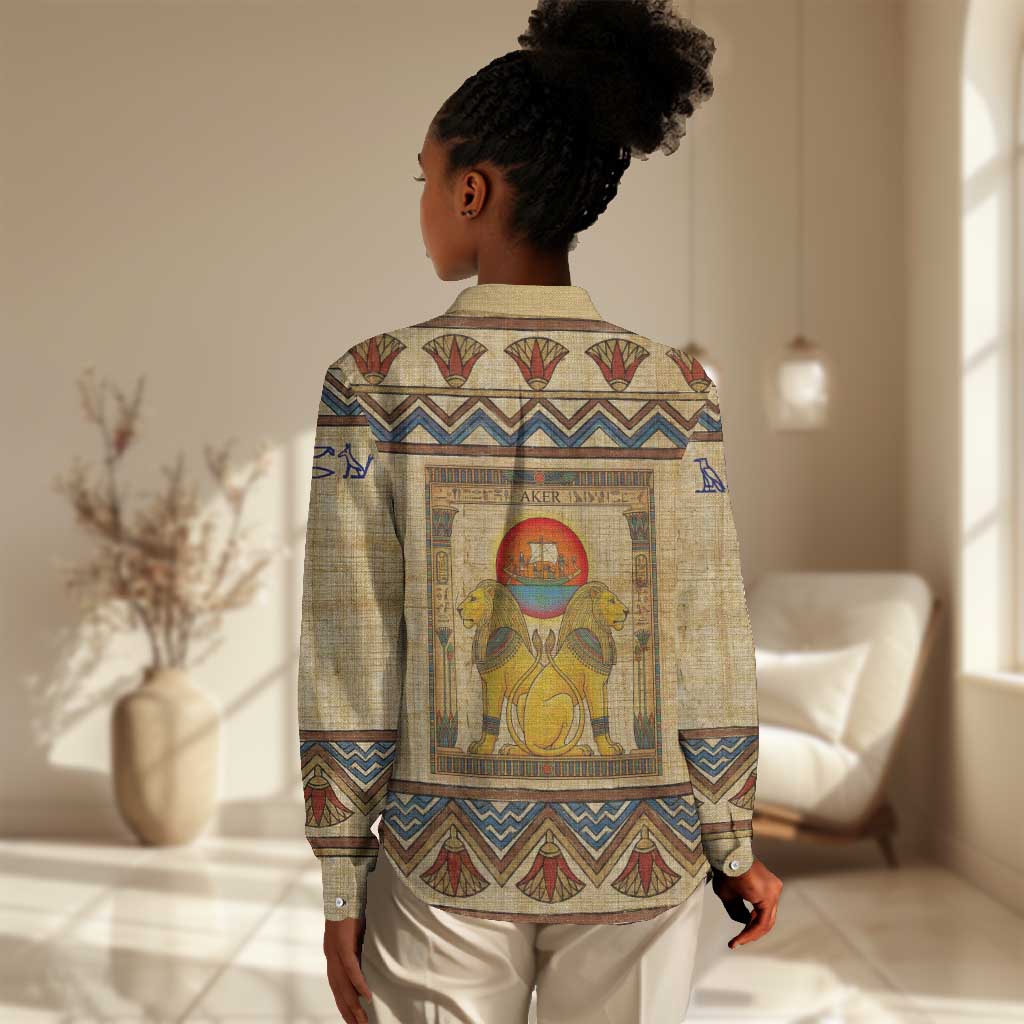 Aker Ancient Egyptian Women Casual Shirt with Hieroglyphic Pattern, Pyramid Symbol, and Twin Lion Guardians Motif - African Pride