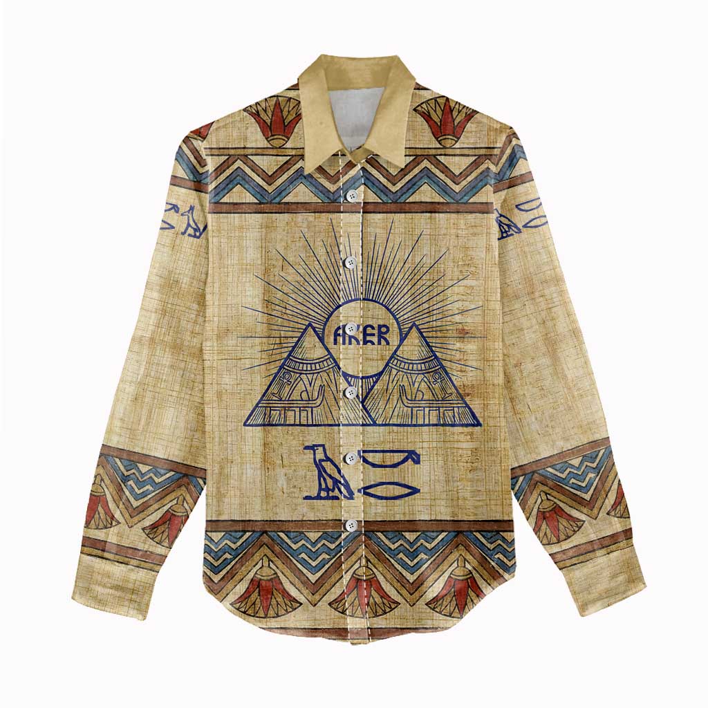 Aker Ancient Egyptian Women Casual Shirt with Hieroglyphic Pattern, Pyramid Symbol, and Twin Lion Guardians Motif - African Pride