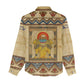 Aker Ancient Egyptian Women Casual Shirt with Hieroglyphic Pattern, Pyramid Symbol, and Twin Lion Guardians Motif - African Pride