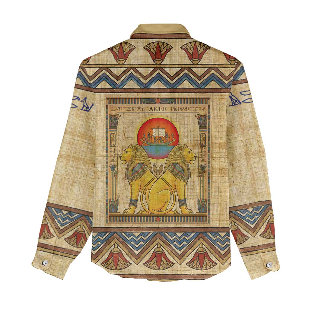 Aker Ancient Egyptian Women Casual Shirt with Hieroglyphic Pattern, Pyramid Symbol, and Twin Lion Guardians Motif - African Pride