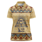 Aker Ancient Egyptian Women Polo Shirt with Hieroglyphic Pattern, Pyramid Symbol, and Twin Lion Guardians Motif - African Pride
