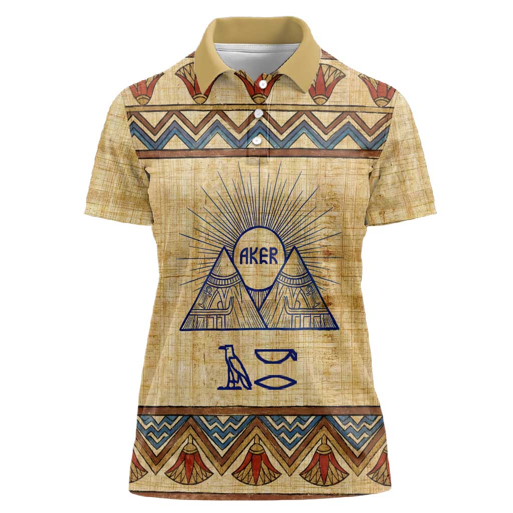 Aker Ancient Egyptian Women Polo Shirt with Hieroglyphic Pattern, Pyramid Symbol, and Twin Lion Guardians Motif - African Pride