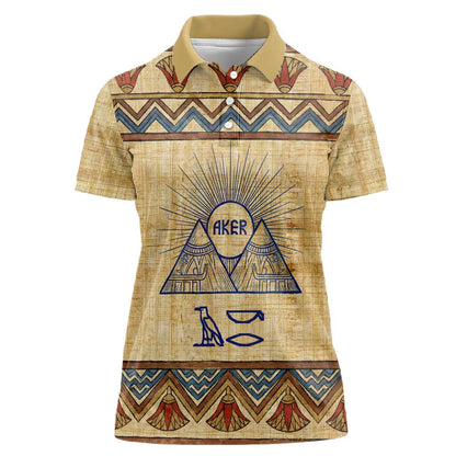 Aker Ancient Egyptian Women Polo Shirt with Hieroglyphic Pattern, Pyramid Symbol, and Twin Lion Guardians Motif - African Pride