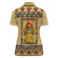 Aker Ancient Egyptian Women Polo Shirt with Hieroglyphic Pattern, Pyramid Symbol, and Twin Lion Guardians Motif - African Pride