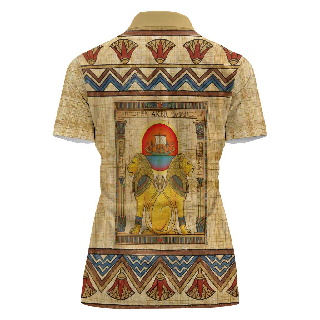 Aker Ancient Egyptian Women Polo Shirt with Hieroglyphic Pattern, Pyramid Symbol, and Twin Lion Guardians Motif - African Pride