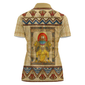 Aker Ancient Egyptian Women Polo Shirt with Hieroglyphic Pattern, Pyramid Symbol, and Twin Lion Guardians Motif - African Pride