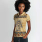 Aker Ancient Egyptian Women Polo Shirt with Hieroglyphic Pattern, Pyramid Symbol, and Twin Lion Guardians Motif - African Pride