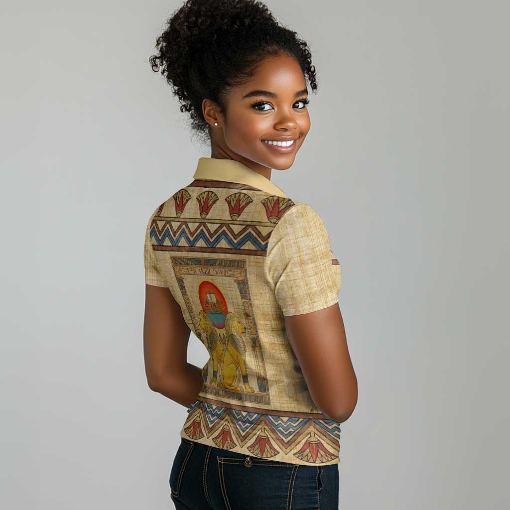 Aker Ancient Egyptian Women Polo Shirt with Hieroglyphic Pattern, Pyramid Symbol, and Twin Lion Guardians Motif - African Pride