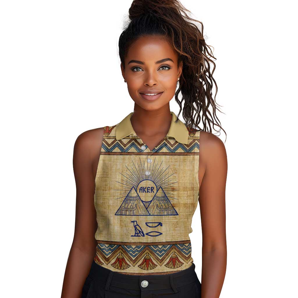 Aker Ancient Egyptian Women Sleeveless Polo Shirt with Hieroglyphic Pattern, Pyramid Symbol, and Twin Lion Guardians Motif - African Pride