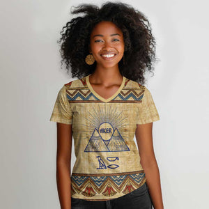 Aker Ancient Egyptian Women V-Neck T-Shirt with Hieroglyphic Pattern, Pyramid Symbol, and Twin Lion Guardians Motif - African Pride