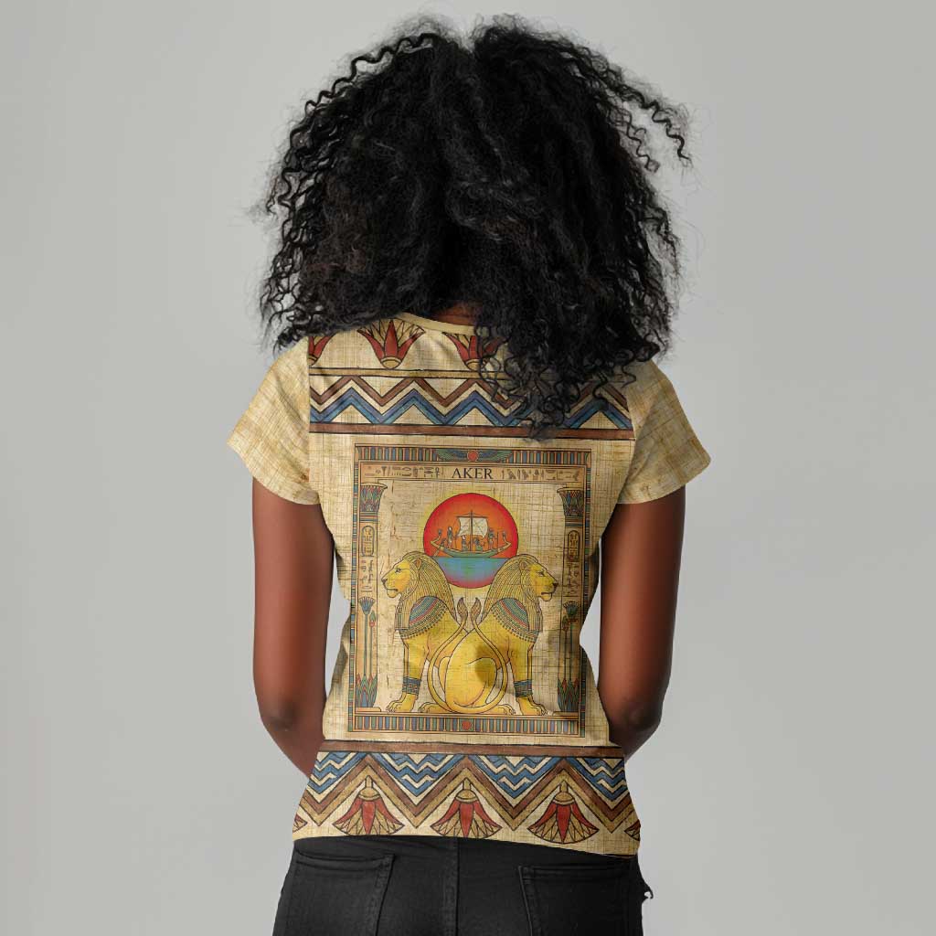 Aker Ancient Egyptian Women V-Neck T-Shirt with Hieroglyphic Pattern, Pyramid Symbol, and Twin Lion Guardians Motif - African Pride